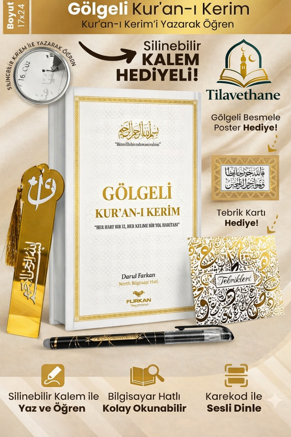 Kalem ile Yazılabilen Gölgeli Kur’an-ı Kerim – Yazarak Öğrenim Seti + Gölgeli Kalem Hediye!