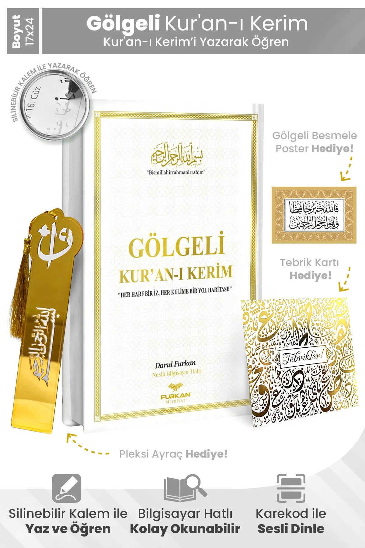 Kalem ile Yazılabilen Gölgeli Kur’an-ı Kerim – Yazarak Öğrenim Seti + Gölgeli Kalem Hediye!
